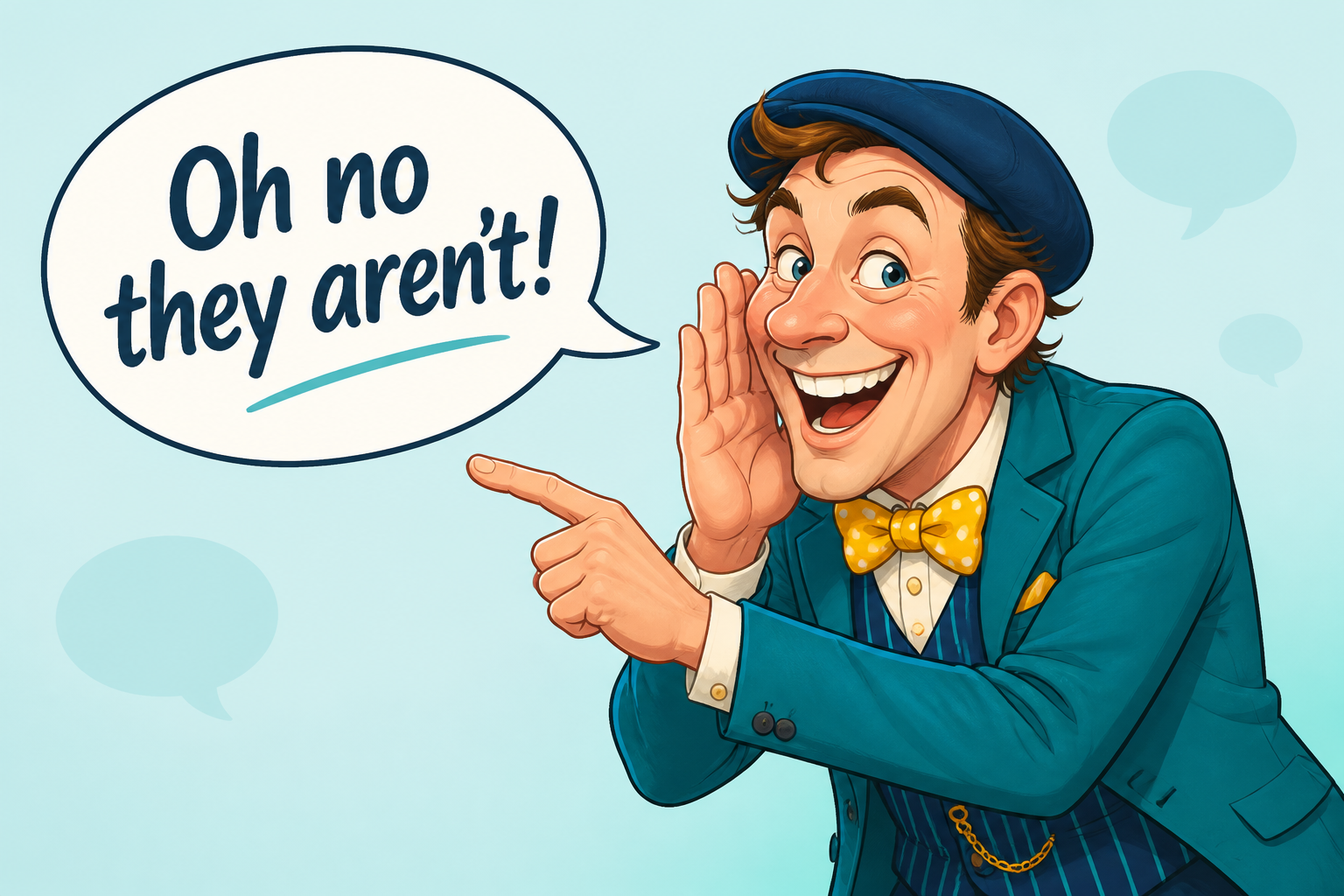 A cheeky cartoon chap grinning and saying, Oh no they aren't!